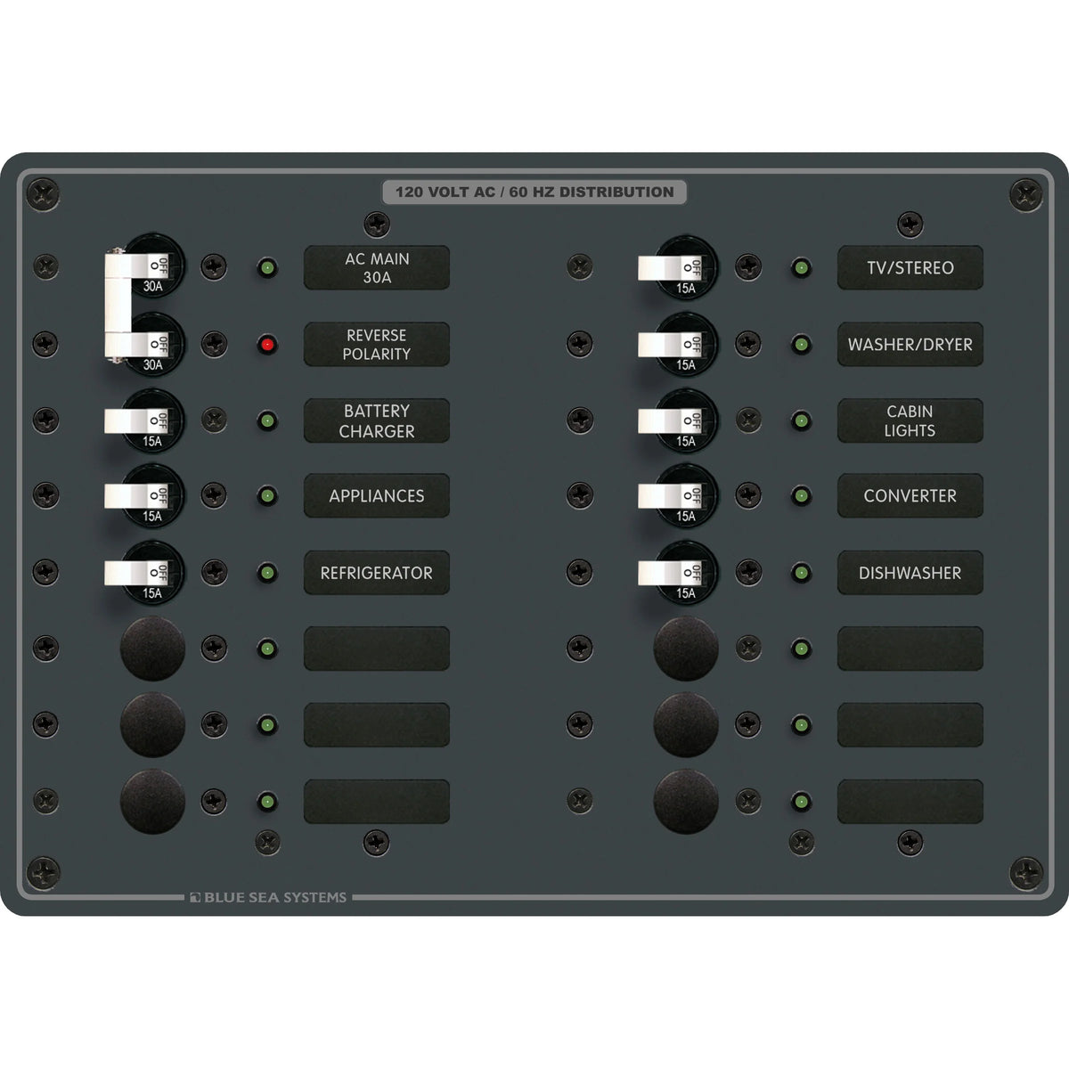 Blue Sea Systems Traditional Metal AC Main Circuit Breaker Panel, 120V AC, White Toggle Breakers, Non-Metered — Quality Boat Parts