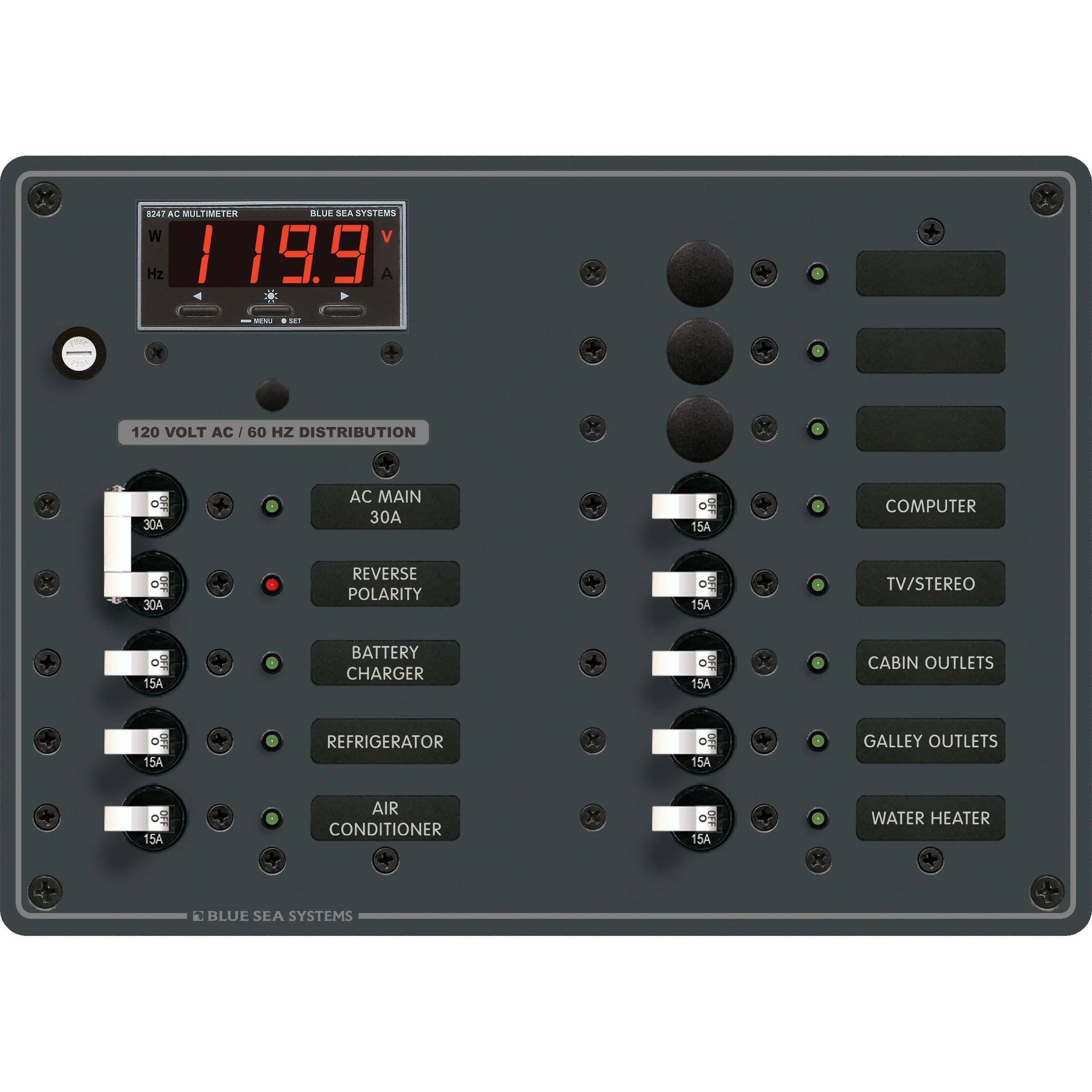 Blue Sea Systems Traditional Metal AC Main Circuit Breaker Panel, 120V AC, White Toggle, Metered — Quality Boat Parts
