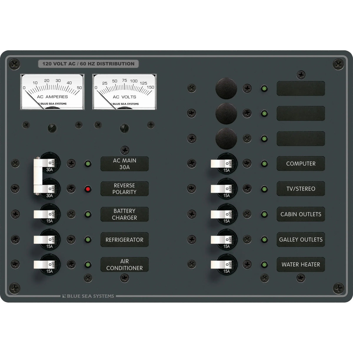 Blue Sea Systems Traditional Metal AC Main Circuit Breaker Panel, 120V AC, White Toggle, Metered — Quality Boat Parts