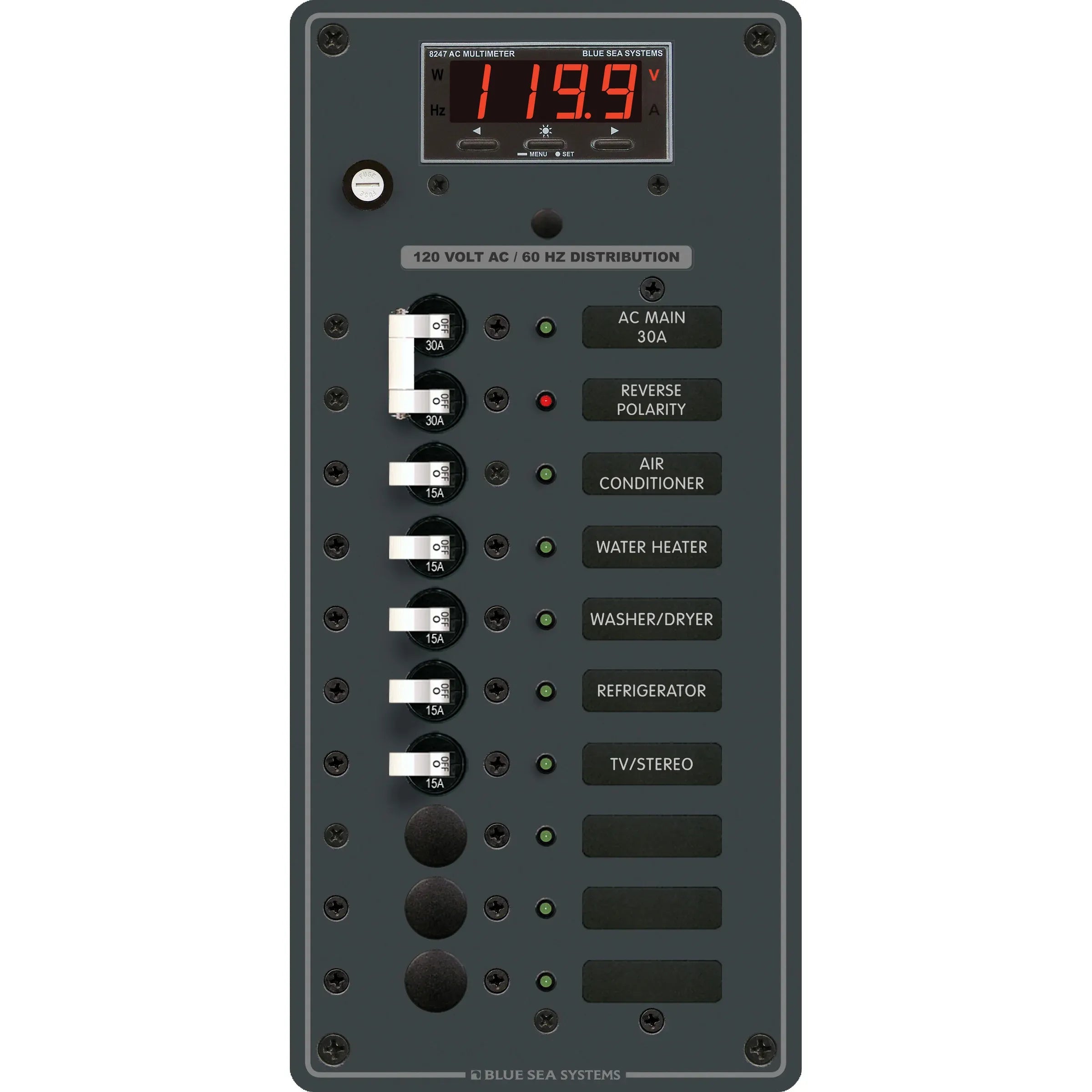Blue Sea Systems Traditional Metal AC Main Circuit Breaker Panel, 120V AC, White Toggle, Metered — Quality Boat Parts
