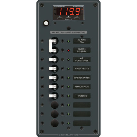 Blue Sea Systems Traditional Metal AC Main Circuit Breaker Panel, 120V AC, White Toggle, Metered — Quality Boat Parts