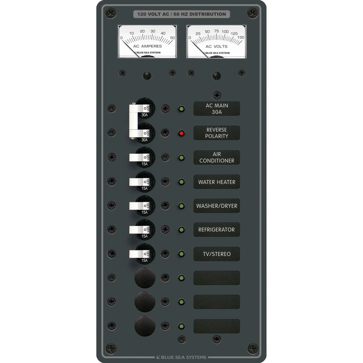 Blue Sea Systems Traditional Metal AC Main Circuit Breaker Panel, 120V AC, White Toggle, Metered — Quality Boat Parts