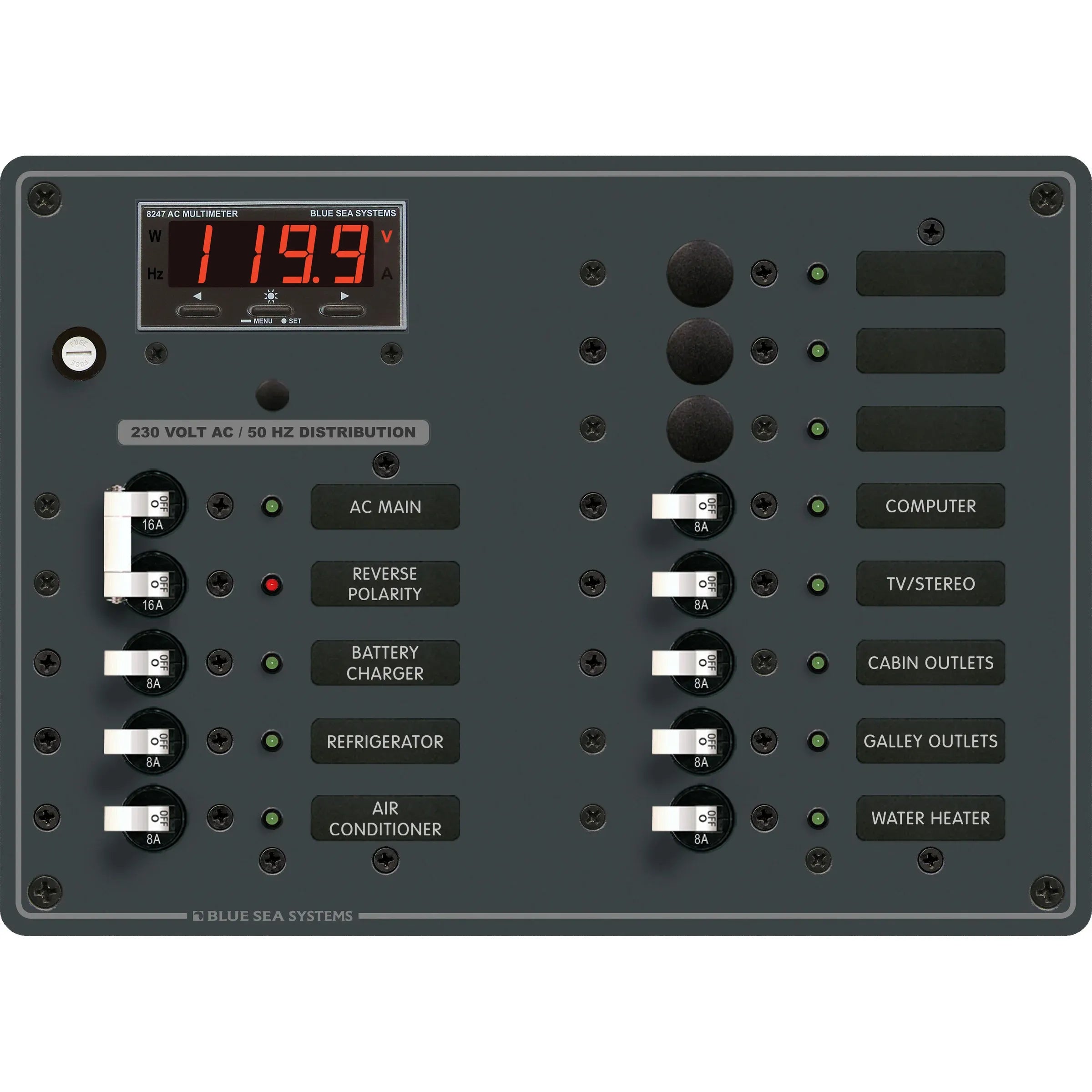 Blue Sea Systems Traditional Metal AC Main + Branch Circuit Breaker Panel, 230V AC, Digital Multi-Function Meter — Quality Boat Parts