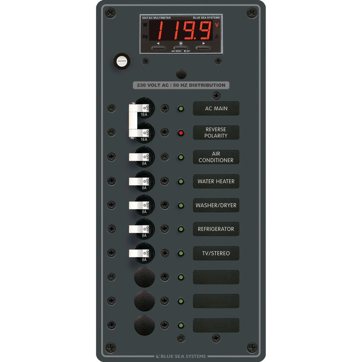 Blue Sea Systems Traditional Metal AC Main + Branch Circuit Breaker Panel, 230V AC, Digital Multi-Function Meter — Quality Boat Parts