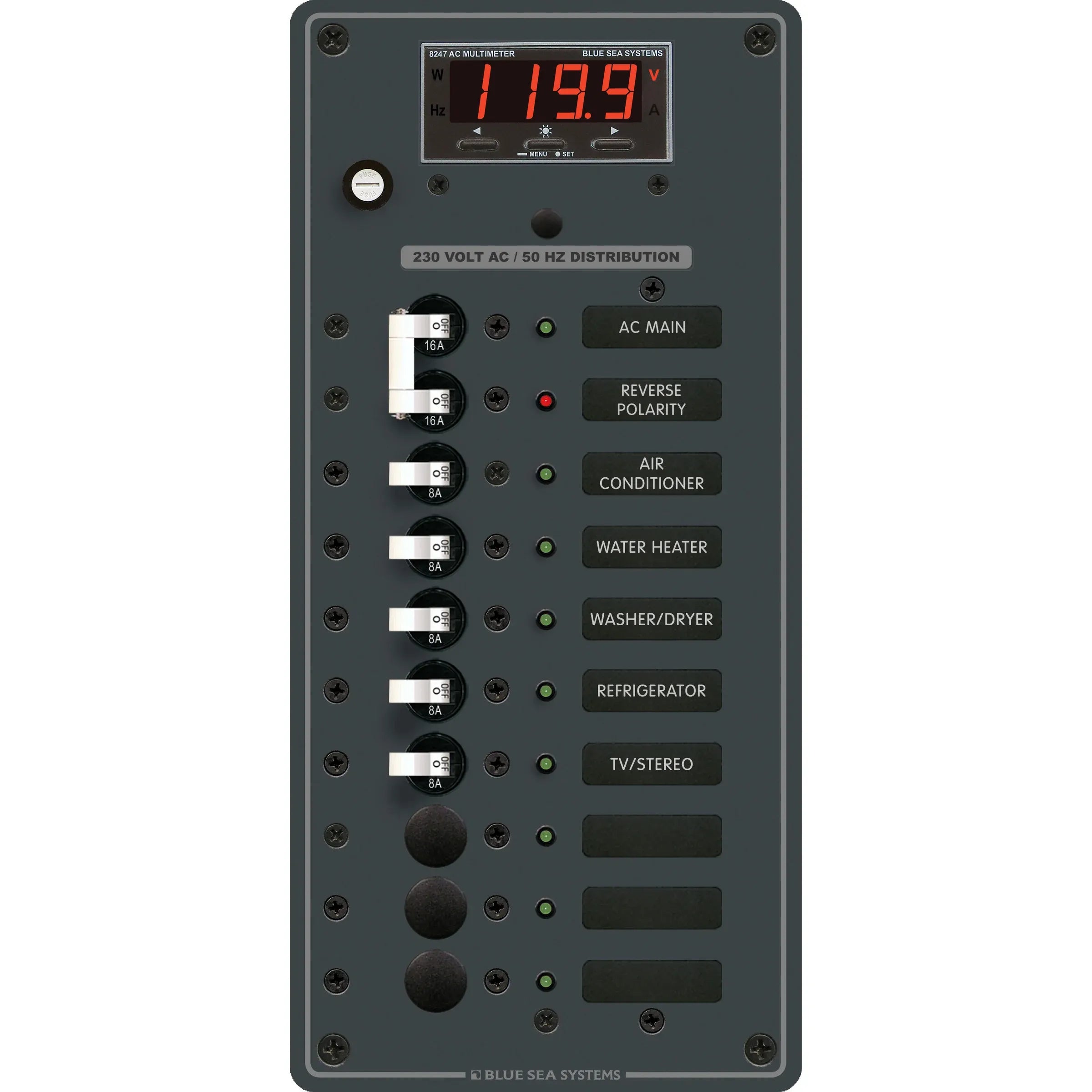 Blue Sea Systems Traditional Metal AC Main + Branch Circuit Breaker Panel, 230V AC, Digital Multi-Function Meter — Quality Boat Parts