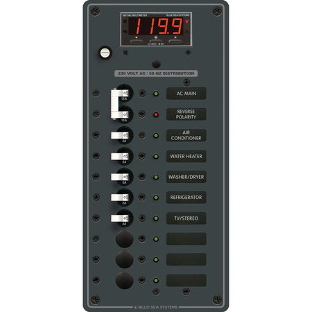 Blue Sea Systems Traditional Metal AC Main + Branch Circuit Breaker Panel, 230V AC, Digital Multi-Function Meter — Quality Boat Parts