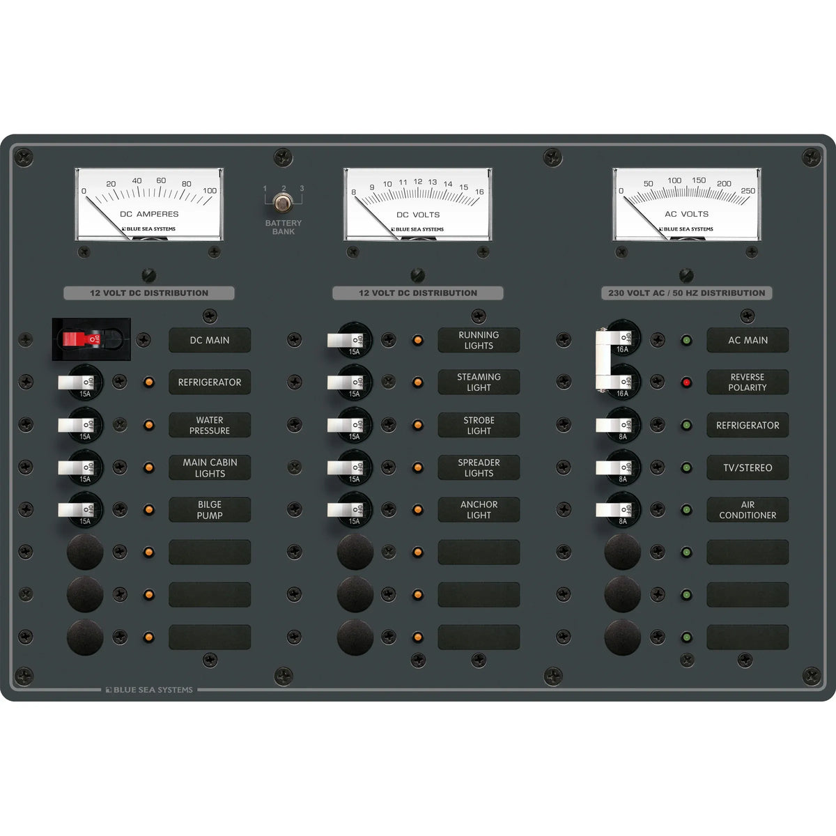 Blue Sea Systems Traditional Metal AC/DC Combination Breaker Panel, 230V AC, 12V DC, European, Fully Pre-Wired, Backlit Labels — Quality Boat Parts