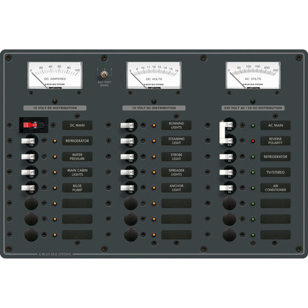 Blue Sea Systems Traditional Metal AC/DC Combination Breaker Panel, 230V AC, 12V DC, European, Fully Pre-Wired, Backlit Labels — Quality Boat Parts