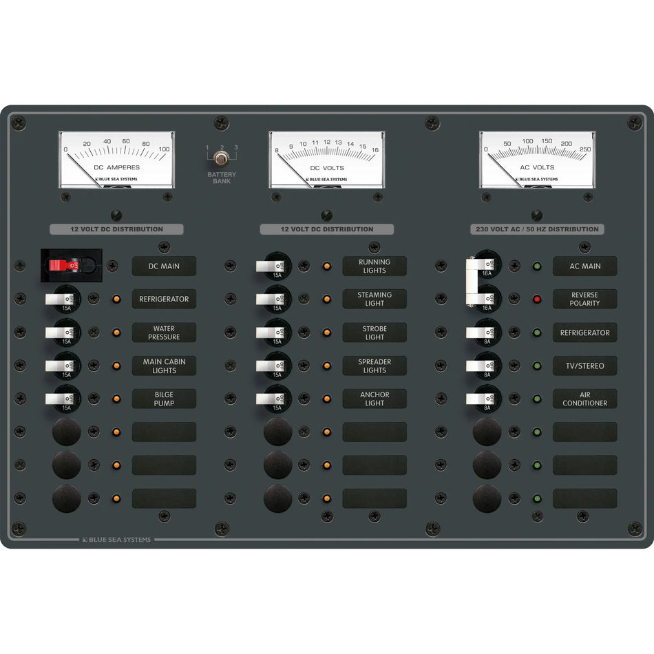 Blue Sea Systems Traditional Metal AC/DC Combination Breaker Panel, 230V AC, 12V DC, European, Fully Pre-Wired, Backlit Labels — Quality Boat Parts