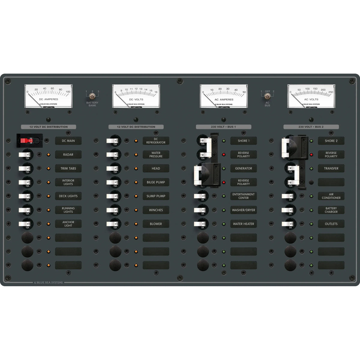 Blue Sea Systems Traditional Metal AC/DC Combination Breaker Panel, 230V AC, 12V DC, European, Fully Pre-Wired, Backlit Labels — Quality Boat Parts