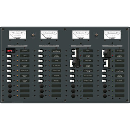 Blue Sea Systems Traditional Metal AC/DC Combination Breaker Panel, 230V AC, 12V DC, European, Fully Pre-Wired, Backlit Labels — Quality Boat Parts