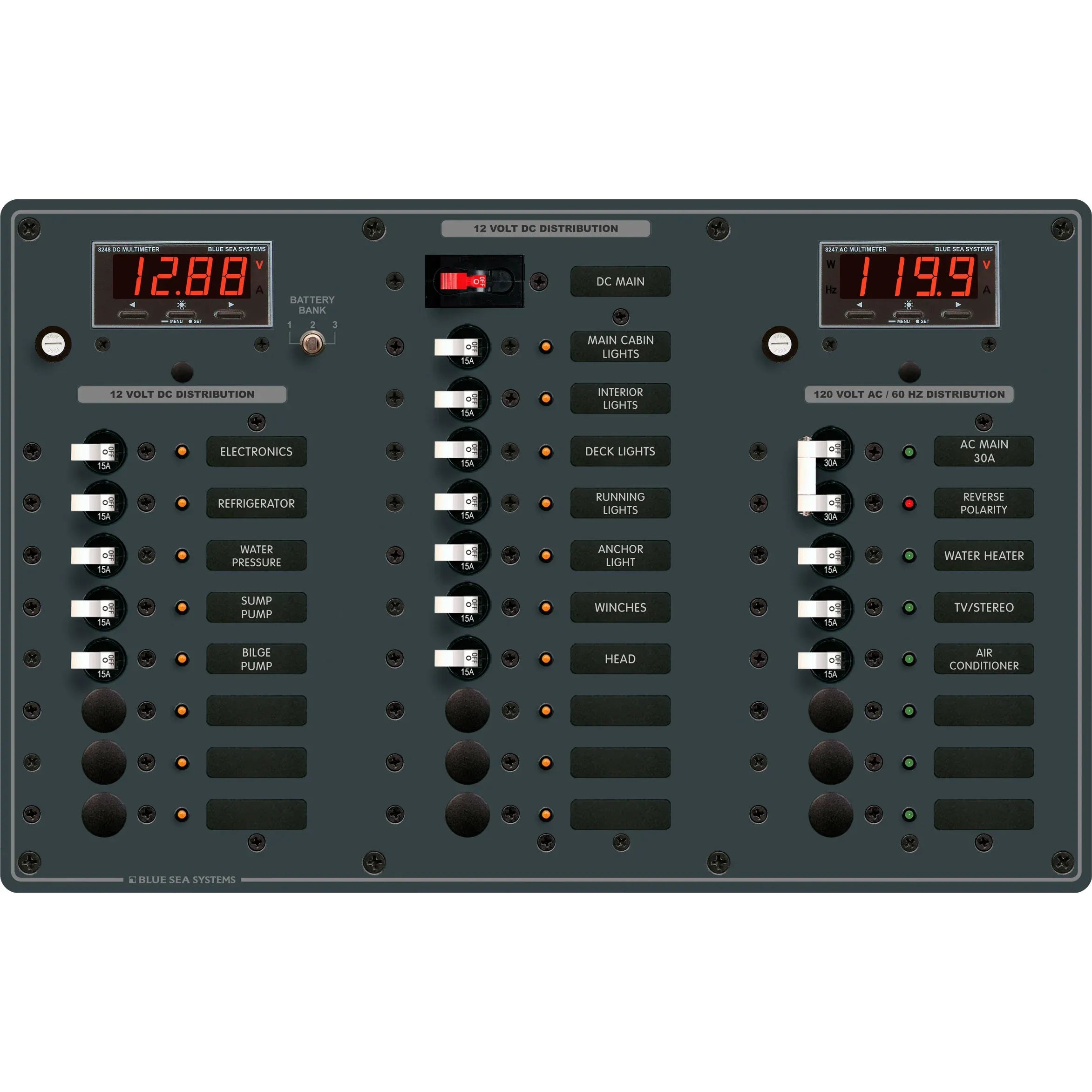 Blue Sea Systems Traditional Metal AC/DC Circuit Breaker Panel, AC Main + 6 Positions, DC Main + 18 Positions, Digital Multi-Function Meters — Quality Boat Parts