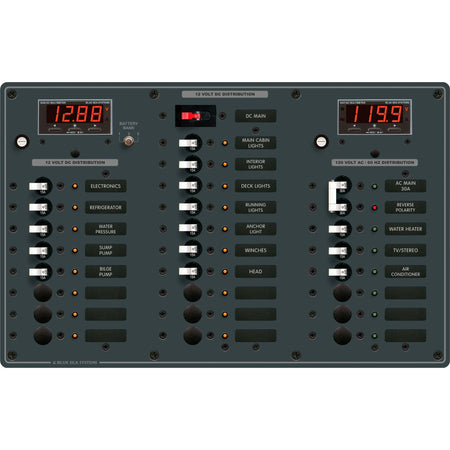 Blue Sea Systems Traditional Metal AC/DC Circuit Breaker Panel, AC Main + 6 Positions, DC Main + 18 Positions, Digital Multi-Function Meters — Quality Boat Parts