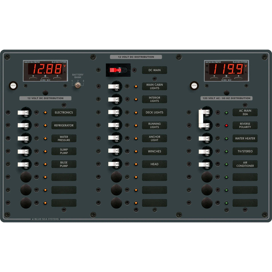 Blue Sea Systems Traditional Metal AC/DC Circuit Breaker Panel, AC Main + 6 Positions, DC Main + 18 Positions, Digital Multi-Function Meters — Quality Boat Parts