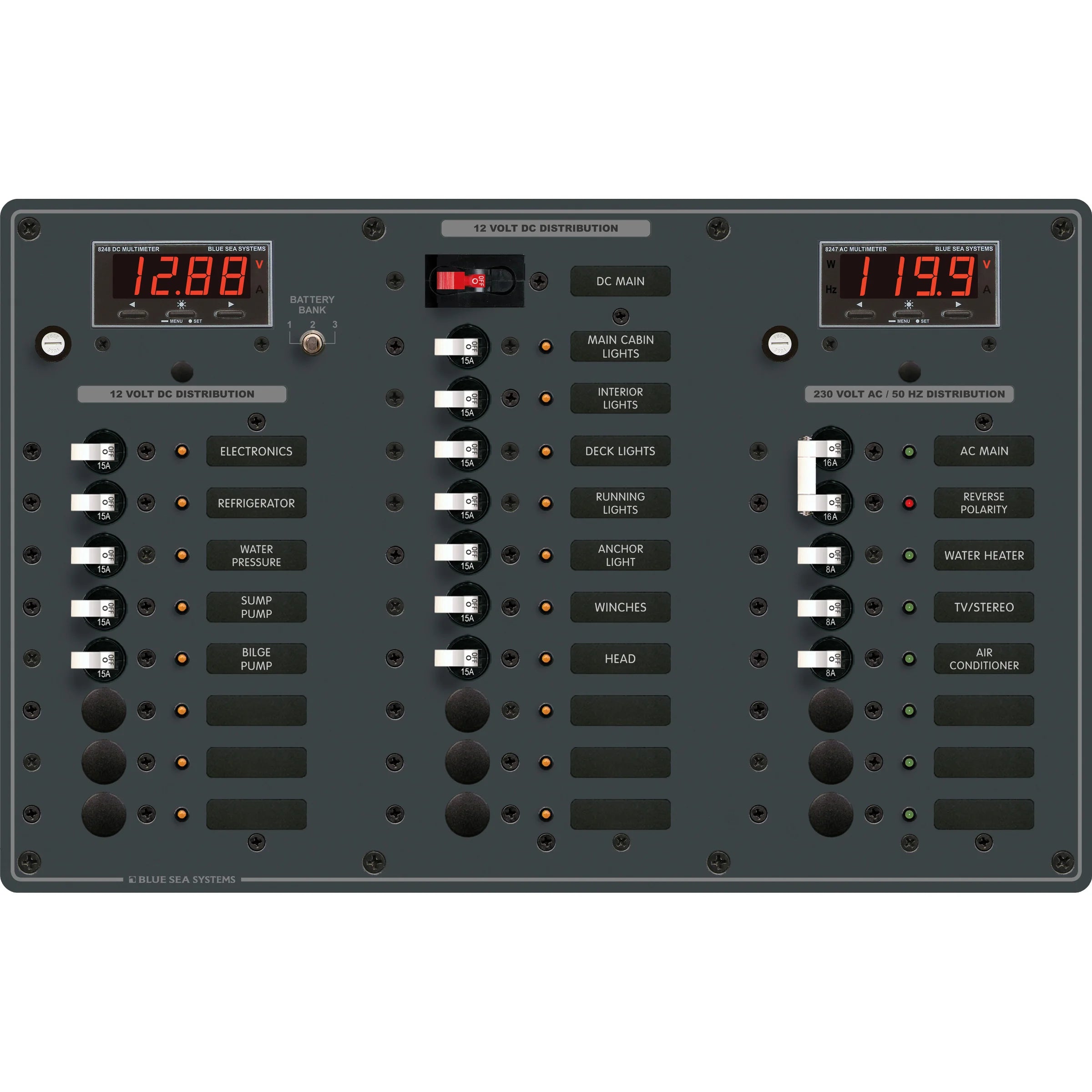 Blue Sea Systems Traditional Metal AC/DC Circuit Breaker Panel, AC Main + 6 Positions, DC Main + 18 Positions, Digital Multi-Function Meters — Quality Boat Parts