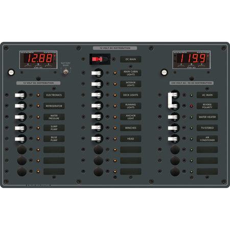 Blue Sea Systems Traditional Metal AC/DC Circuit Breaker Panel, AC Main + 6 Positions, DC Main + 18 Positions, Digital Multi-Function Meters — Quality Boat Parts