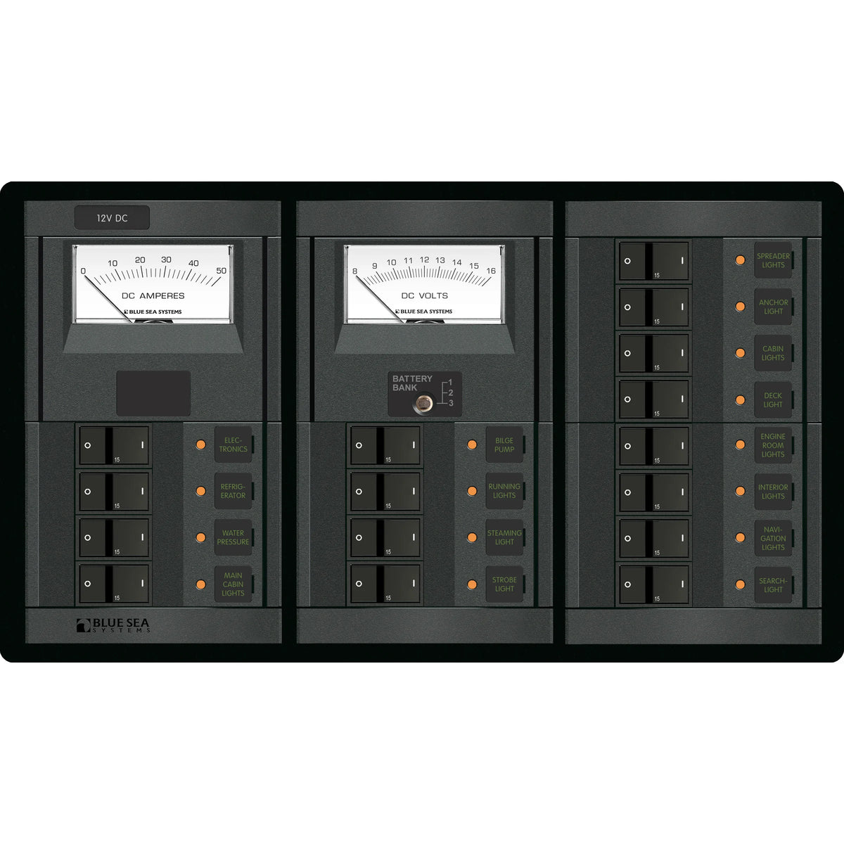 Blue Sea Systems 360 Panel System Branch Circuit Breaker Panel, 12V DC, 15A Flat Rocker Breakers — Quality Boat Parts