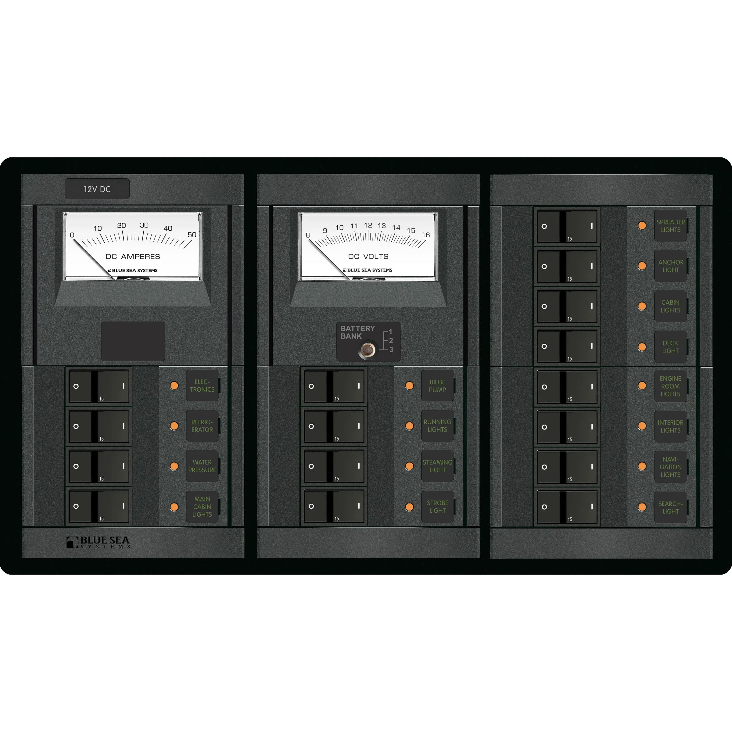 Blue Sea Systems 360 Panel System Branch Circuit Breaker Panel, 12V DC, 15A Flat Rocker Breakers — Quality Boat Parts