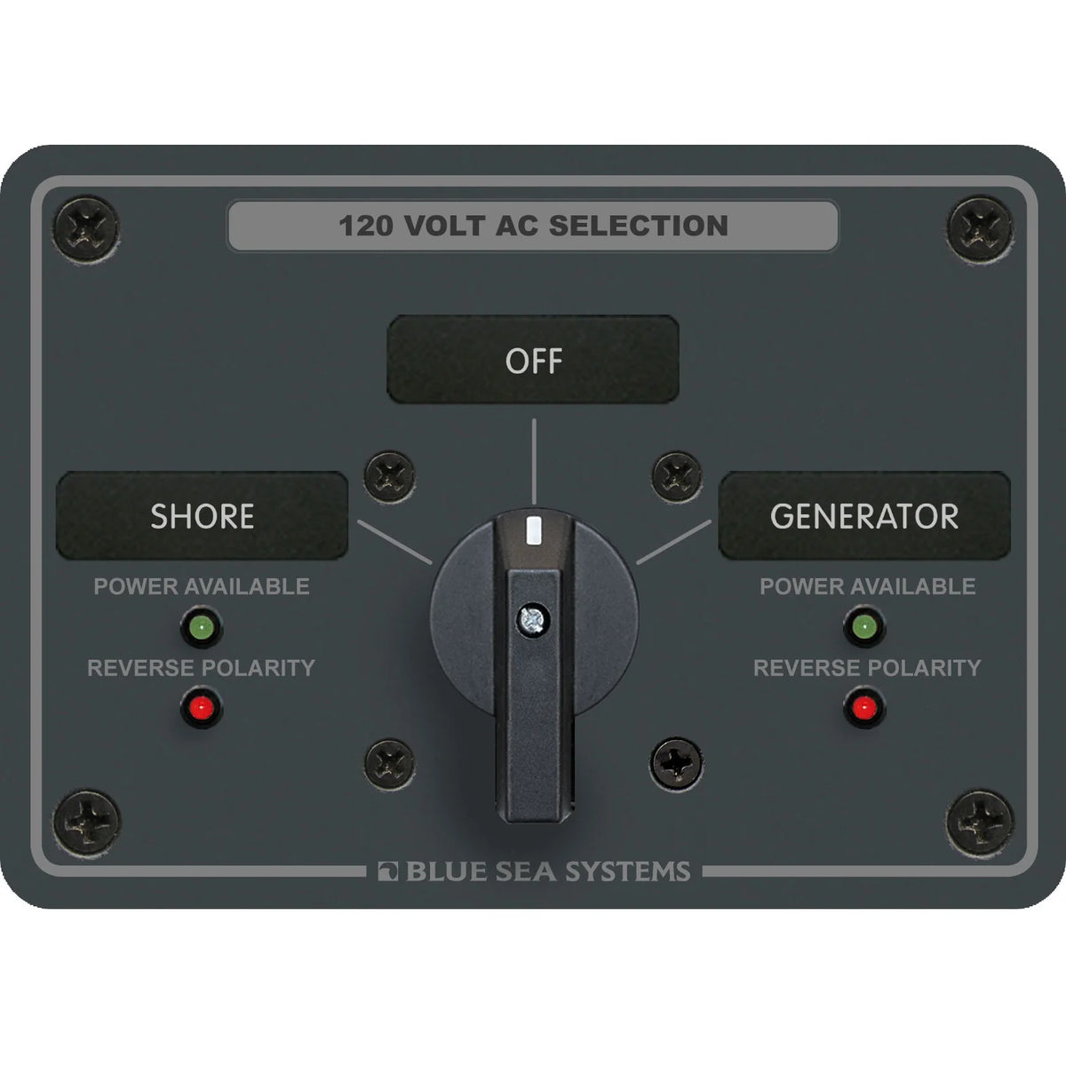 Blue Sea Systems Traditional Metal AC Rotary Switch Panel, Source Selector, Reverse Polarity and Power LEDs — Quality Boat Parts