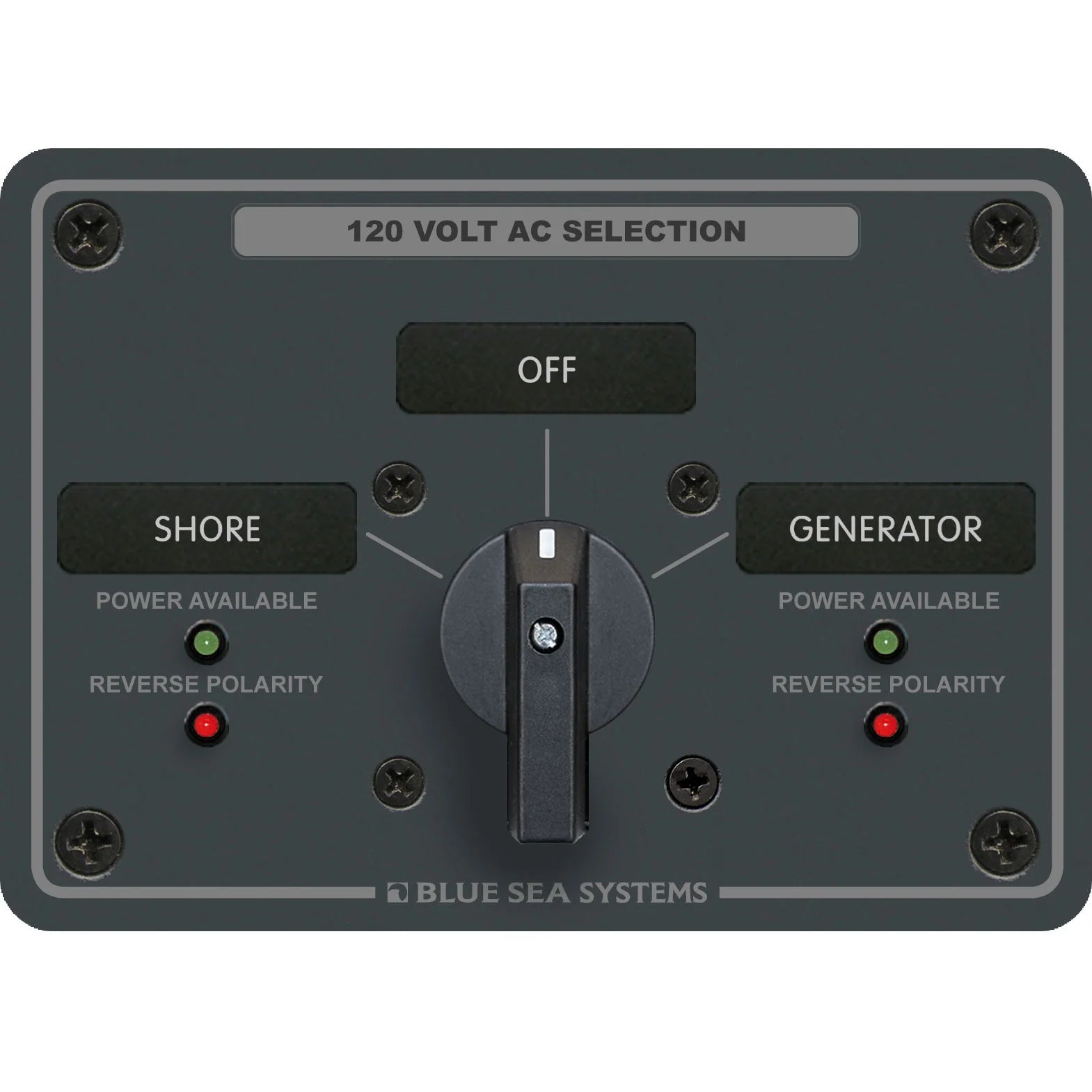 Blue Sea Systems Traditional Metal AC Rotary Switch Panel, Source Selector, Reverse Polarity and Power LEDs — Quality Boat Parts