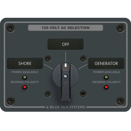 Blue Sea Systems Traditional Metal AC Rotary Switch Panel, Source Selector, Reverse Polarity and Power LEDs — Quality Boat Parts