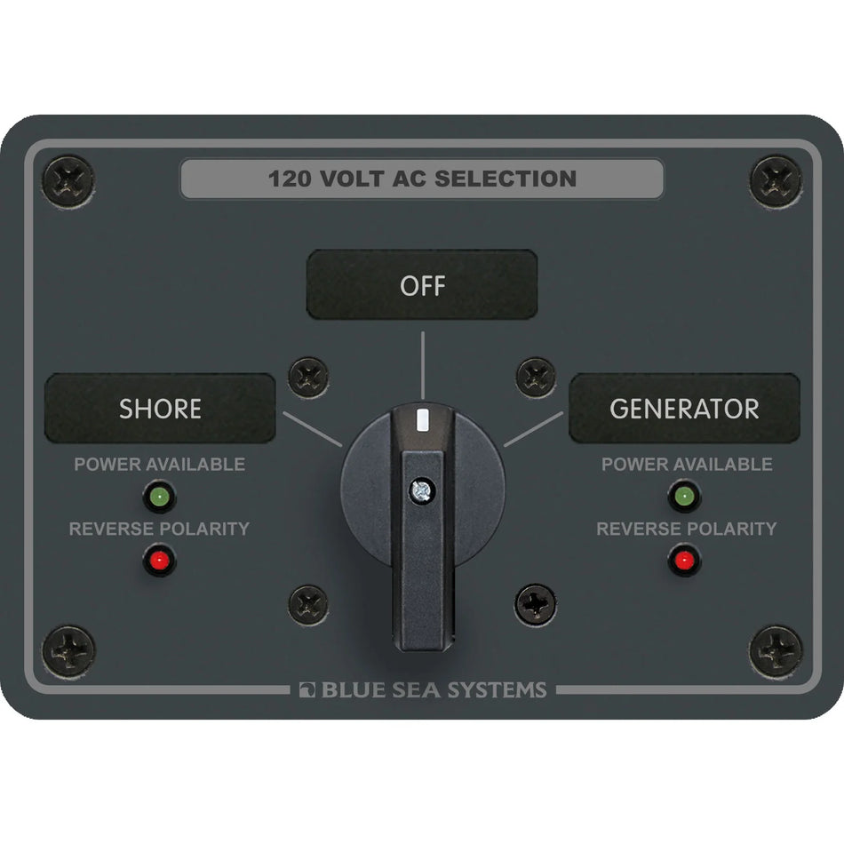 Blue Sea Systems Traditional Metal AC Rotary Switch Panel, Source Selector, Reverse Polarity and Power LEDs — Quality Boat Parts