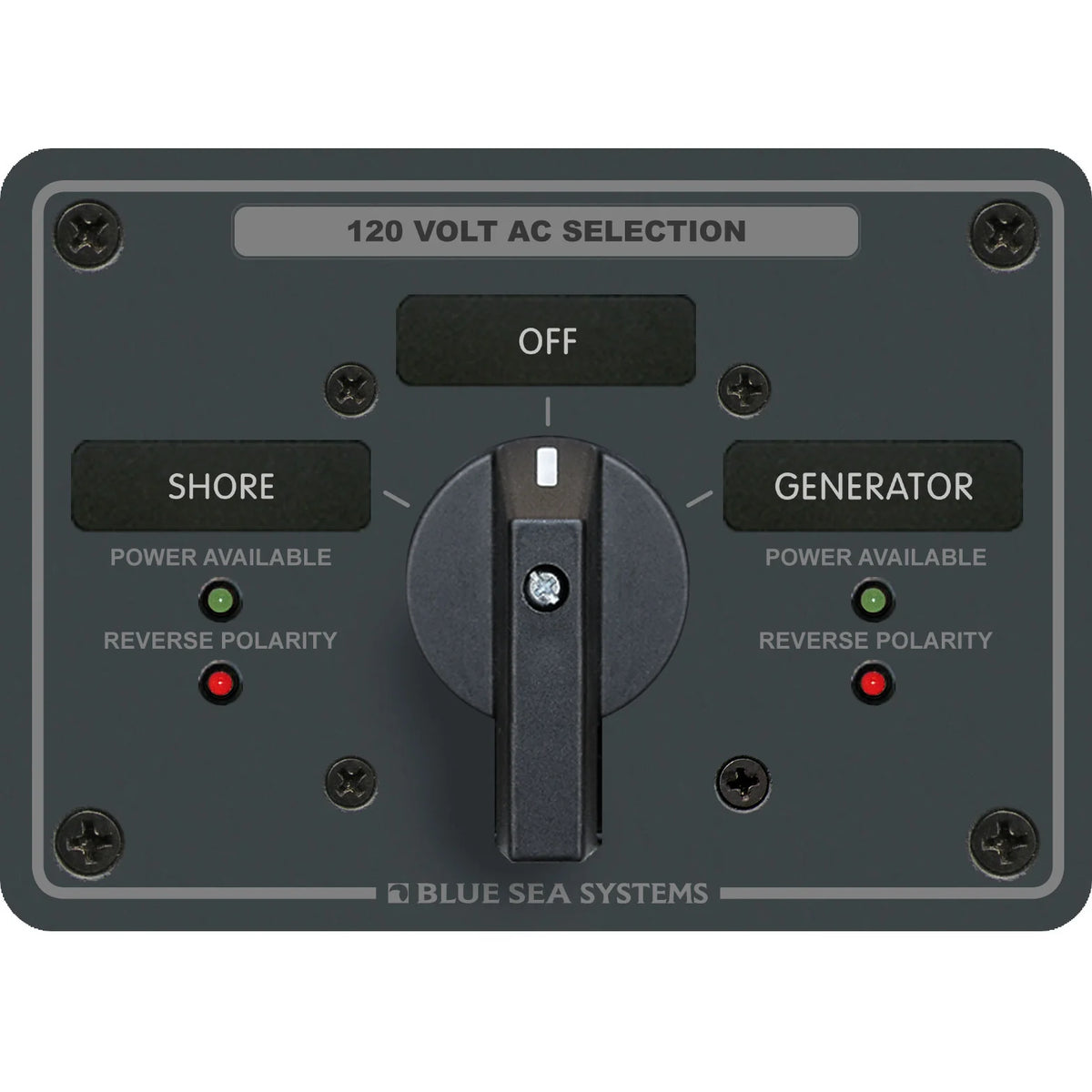 Blue Sea Systems Traditional Metal AC Rotary Switch Panel, Source Selector, Reverse Polarity and Power LEDs — Quality Boat Parts