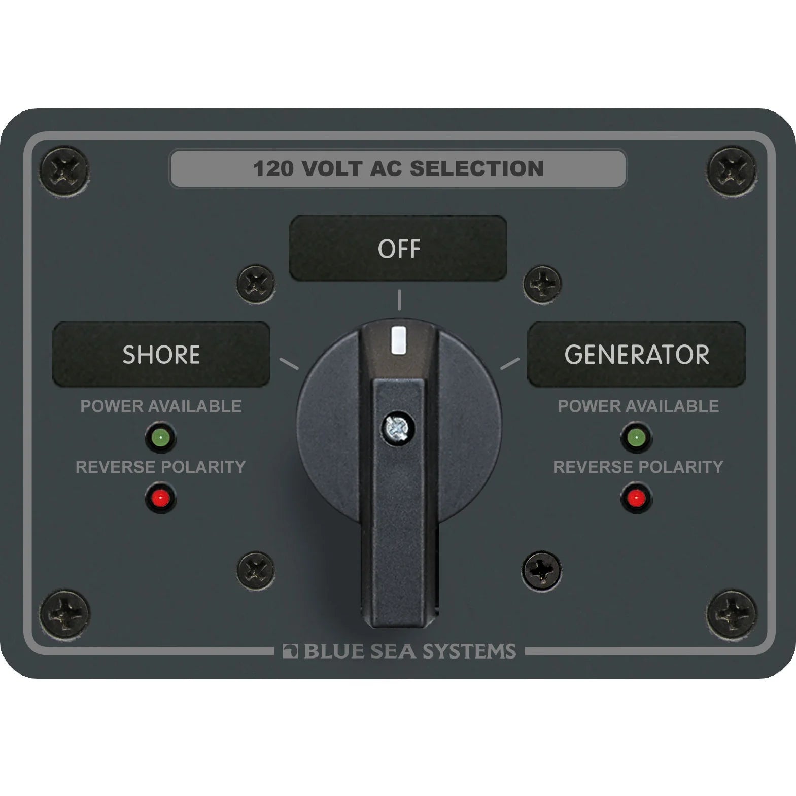 Blue Sea Systems Traditional Metal AC Rotary Switch Panel, Source Selector, Reverse Polarity and Power LEDs — Quality Boat Parts