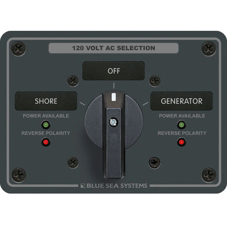 Blue Sea Systems Traditional Metal AC Rotary Switch Panel, Source Selector, Reverse Polarity and Power LEDs — Quality Boat Parts