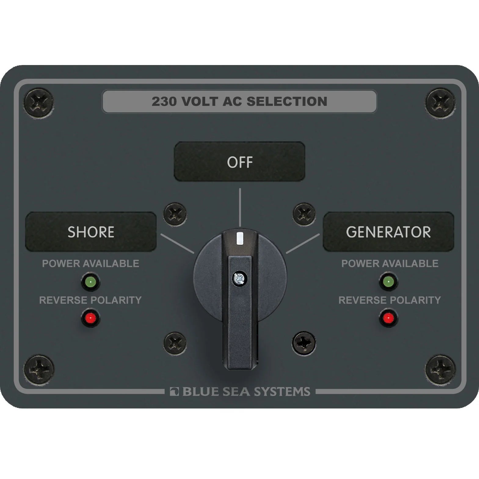 Blue Sea Systems Traditional Metal AC Rotary Switch Panel, Source Selector, Reverse Polarity and Power LEDs — Quality Boat Parts