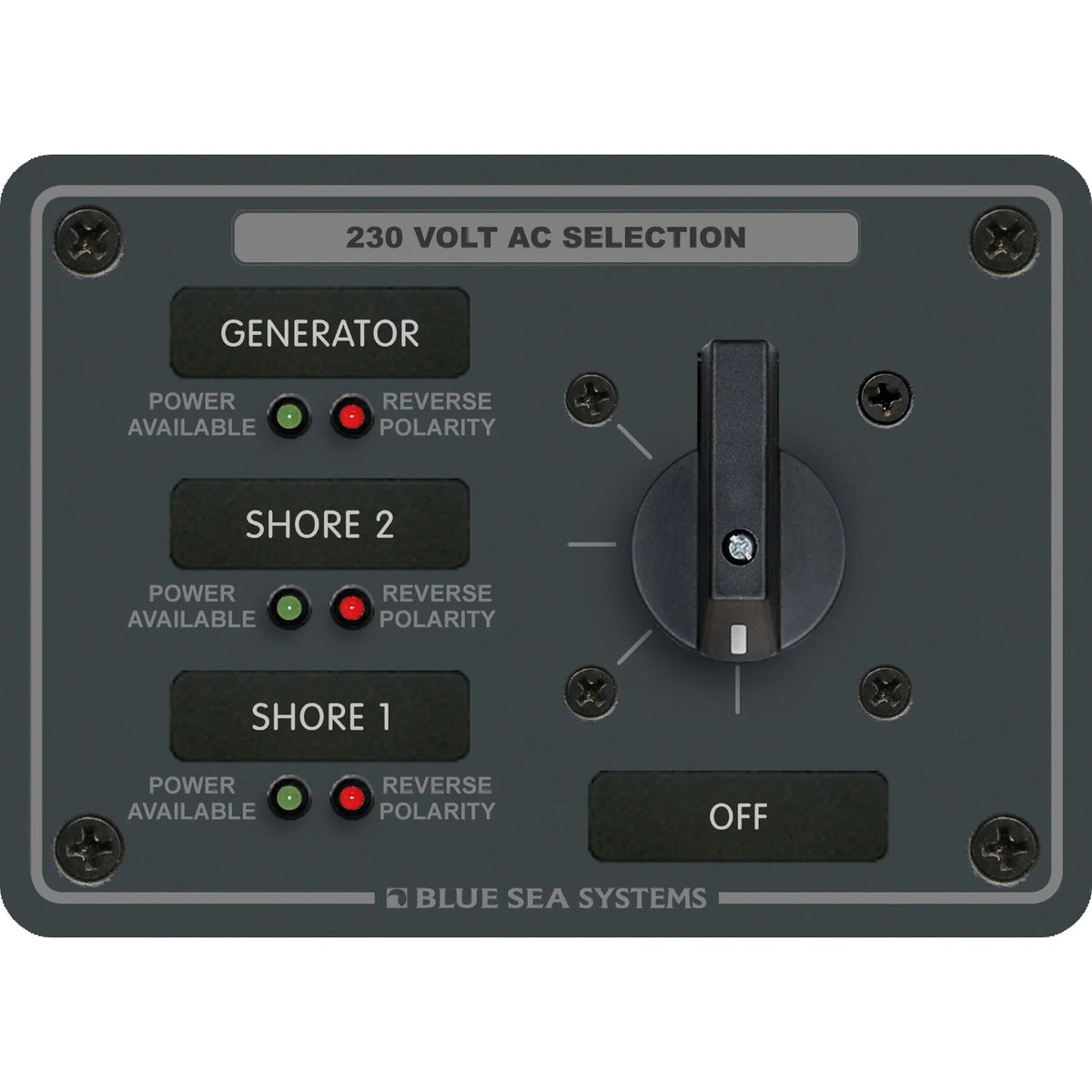 Blue Sea Systems Traditional Metal AC Rotary Switch Panel, Source Selector, Reverse Polarity and Power LEDs — Quality Boat Parts