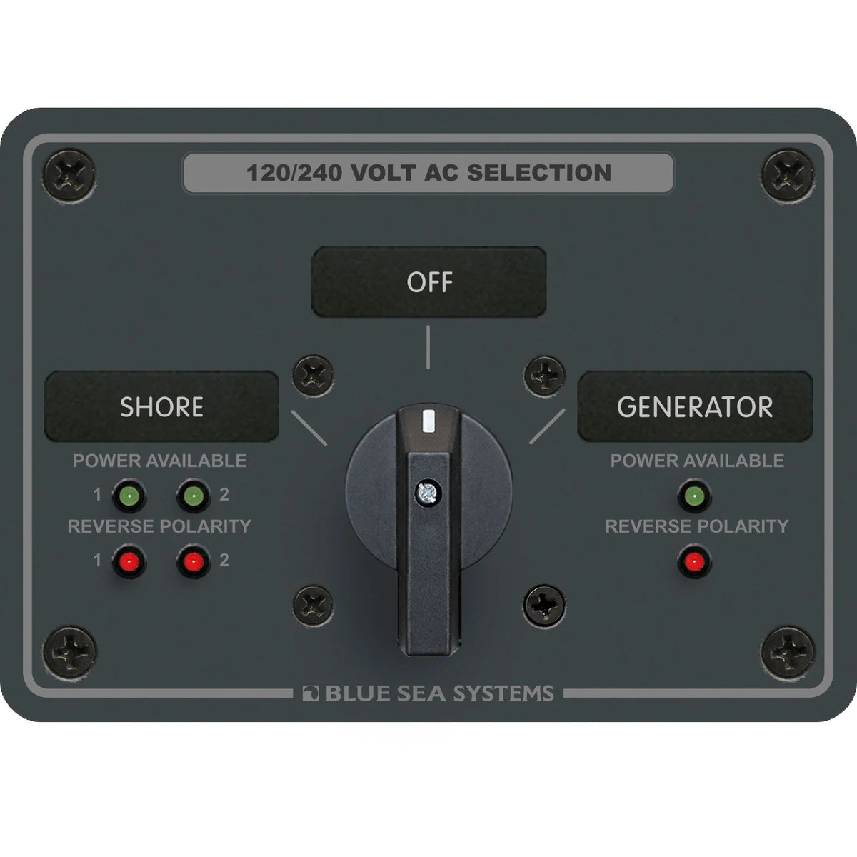 Blue Sea Systems Traditional Metal AC Rotary Switch Panel, Source Selector, Reverse Polarity and Power LEDs — Quality Boat Parts