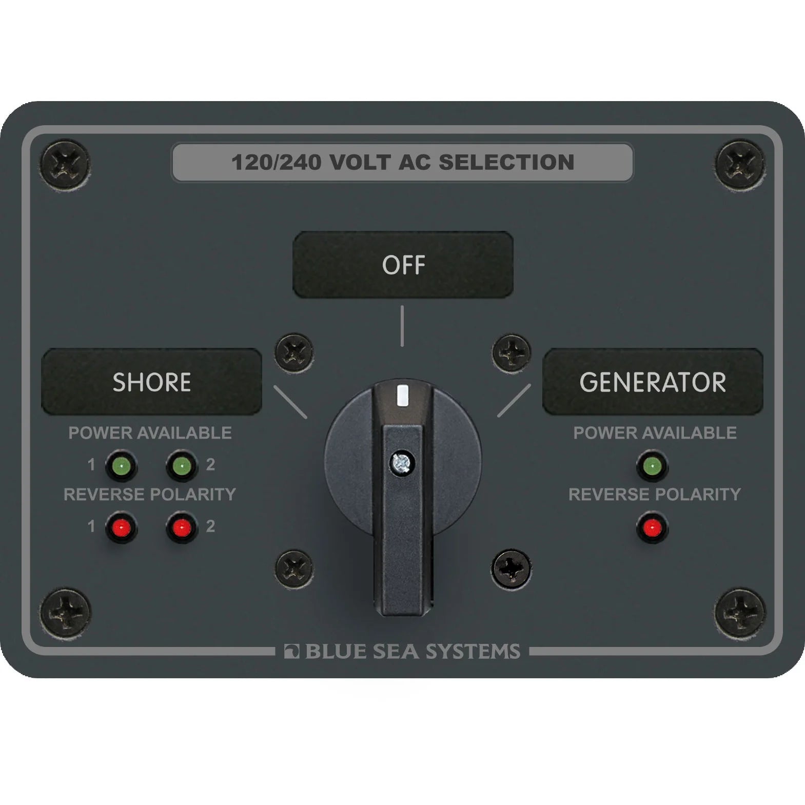 Blue Sea Systems Traditional Metal AC Rotary Switch Panel, Source Selector, Reverse Polarity and Power LEDs — Quality Boat Parts