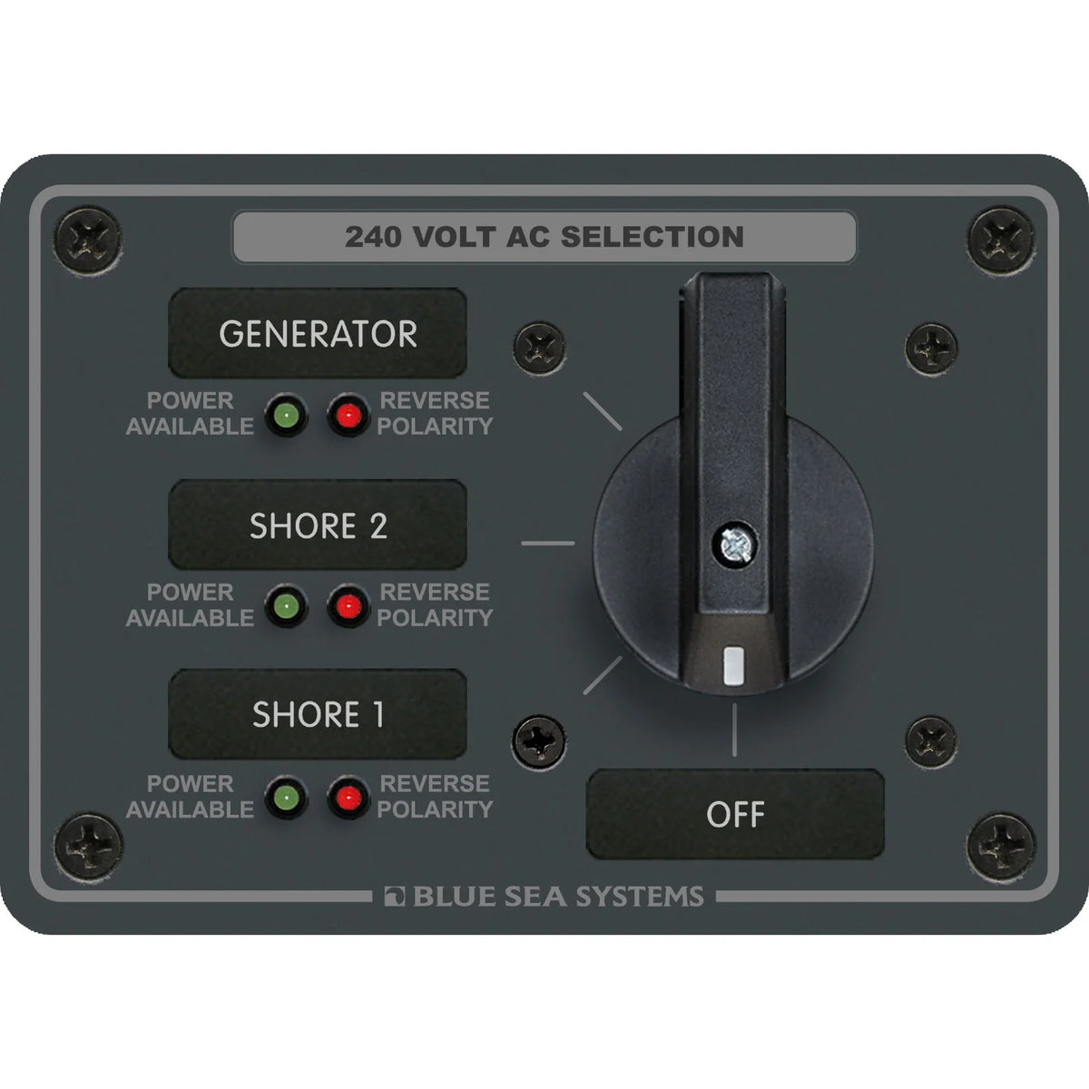 Blue Sea Systems Traditional Metal AC Rotary Switch Panel, Source Selector, Reverse Polarity and Power LEDs — Quality Boat Parts