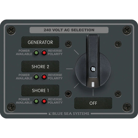 Blue Sea Systems Traditional Metal AC Rotary Switch Panel, Source Selector, Reverse Polarity and Power LEDs — Quality Boat Parts