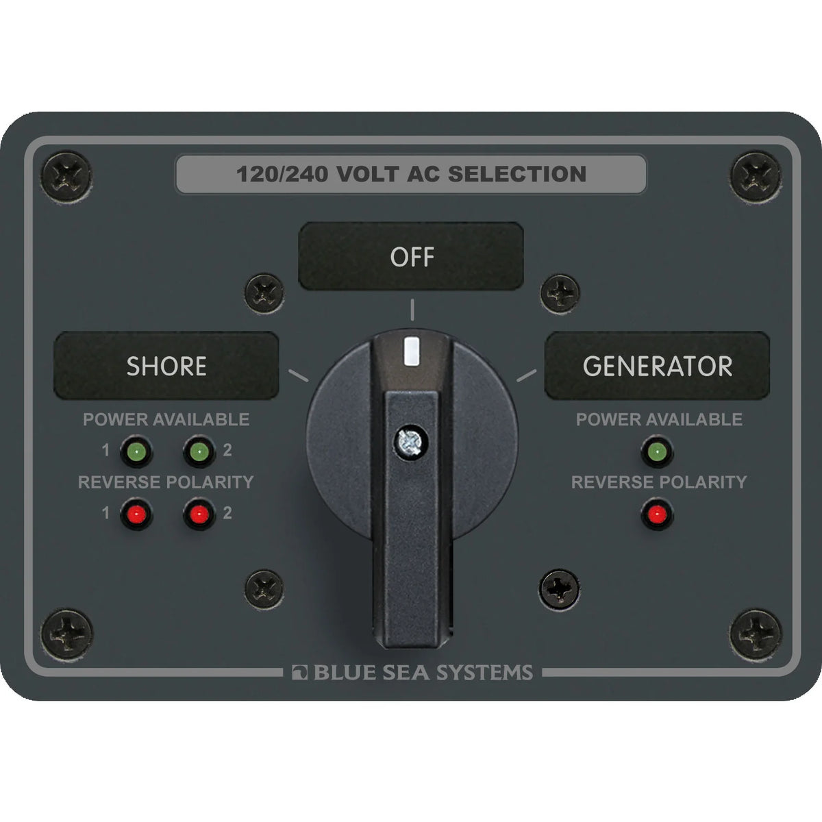 Blue Sea Systems Traditional Metal AC Rotary Switch Panel, Source Selector, Reverse Polarity and Power LEDs — Quality Boat Parts