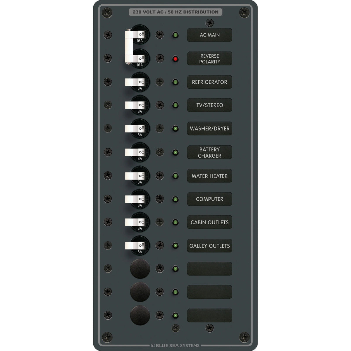 Blue Sea Systems Traditional Metal AC Main + Branch Circuit Breaker Panel, 230V AC, European, No Meter — Quality Boat Parts