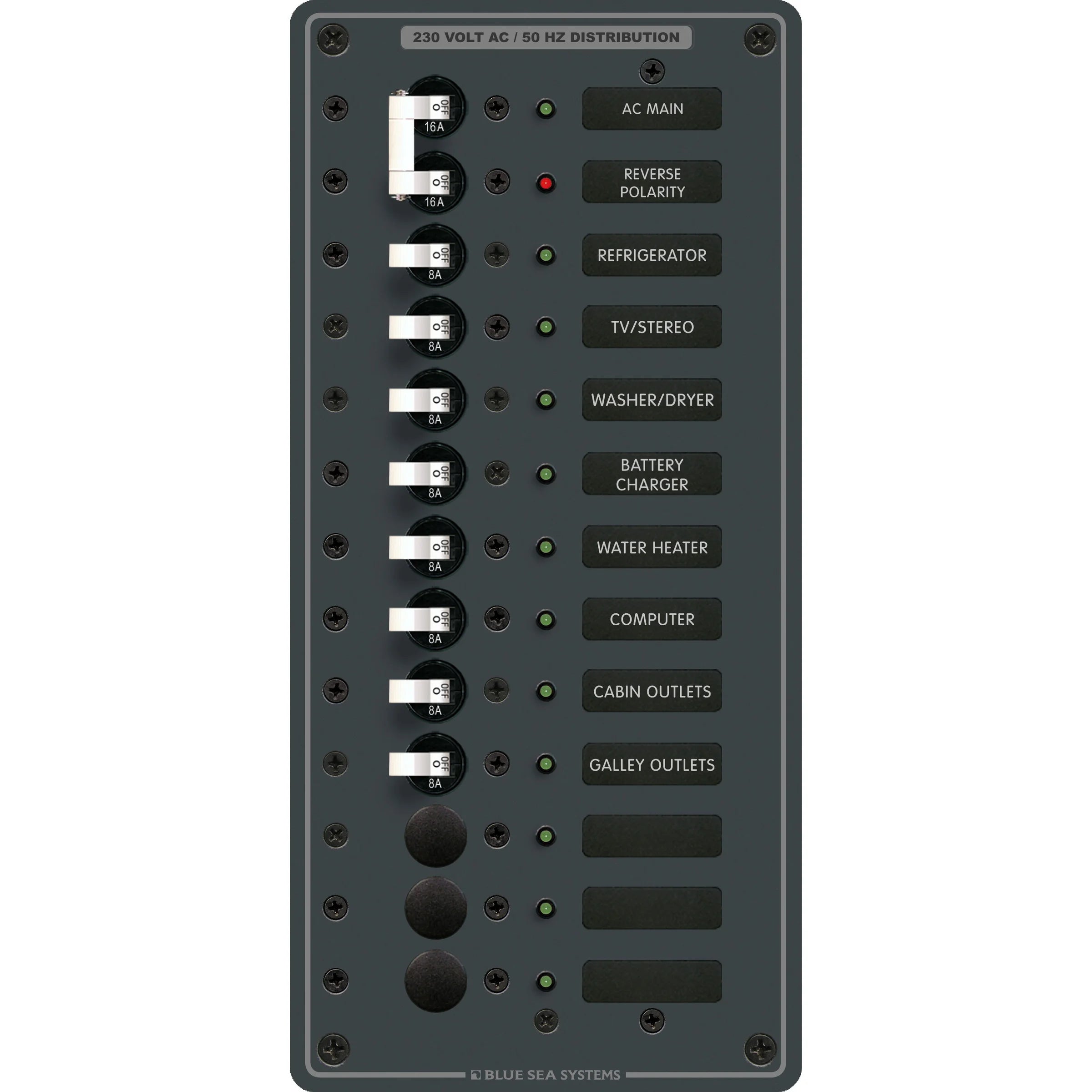 Blue Sea Systems Traditional Metal AC Main + Branch Circuit Breaker Panel, 230V AC, European, No Meter — Quality Boat Parts