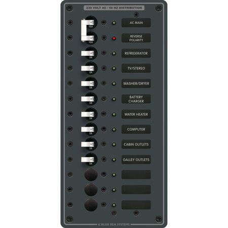 Blue Sea Systems Traditional Metal AC Main + Branch Circuit Breaker Panel, 230V AC, European, No Meter — Quality Boat Parts