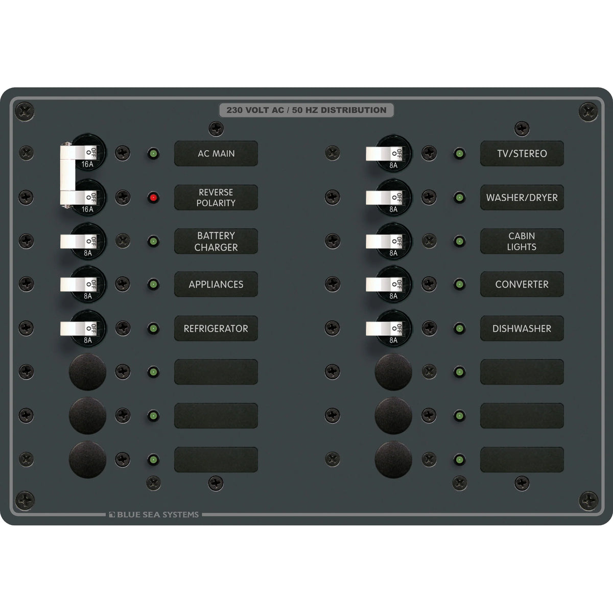 Blue Sea Systems Traditional Metal AC Main + Branch Circuit Breaker Panel, 230V AC, European, No Meter — Quality Boat Parts