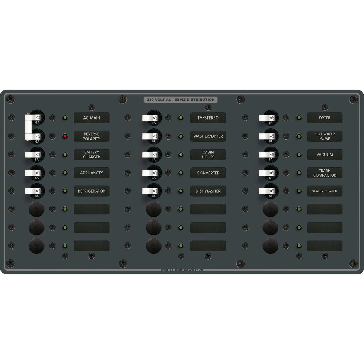 Blue Sea Systems Traditional Metal AC Main + Branch Circuit Breaker Panel, 230V AC, European, No Meter — Quality Boat Parts