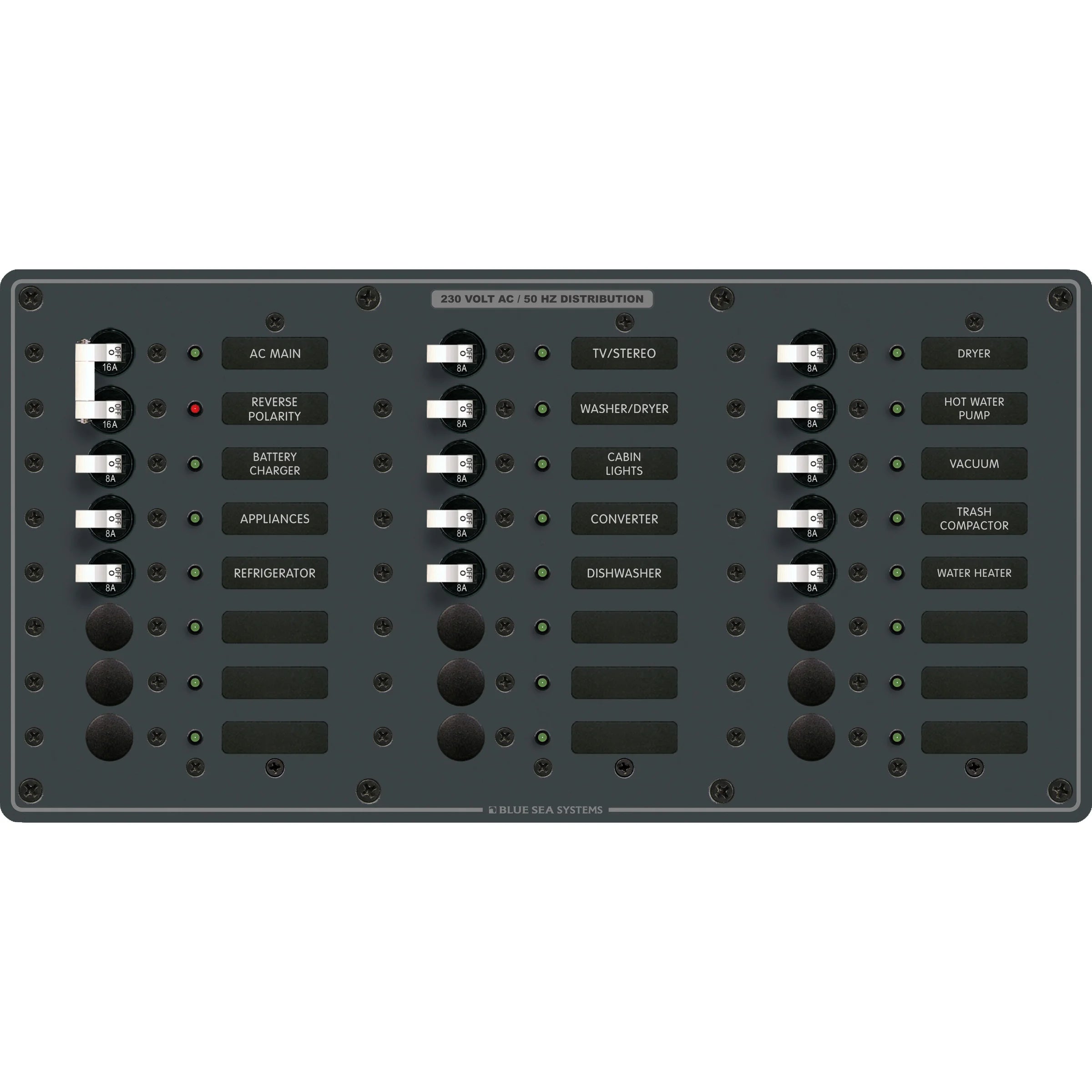 Blue Sea Systems Traditional Metal AC Main + Branch Circuit Breaker Panel, 230V AC, European, No Meter — Quality Boat Parts