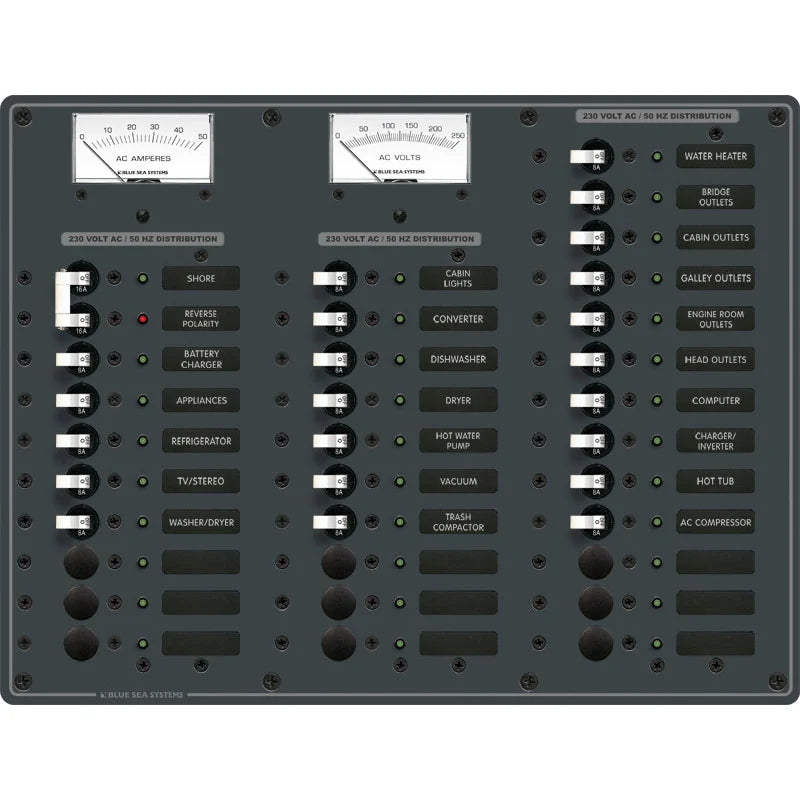 Blue Sea Systems Traditional Metal AC Main + Branch Circuit Breaker Panel, 230V AC, European, No Meter — Quality Boat Parts