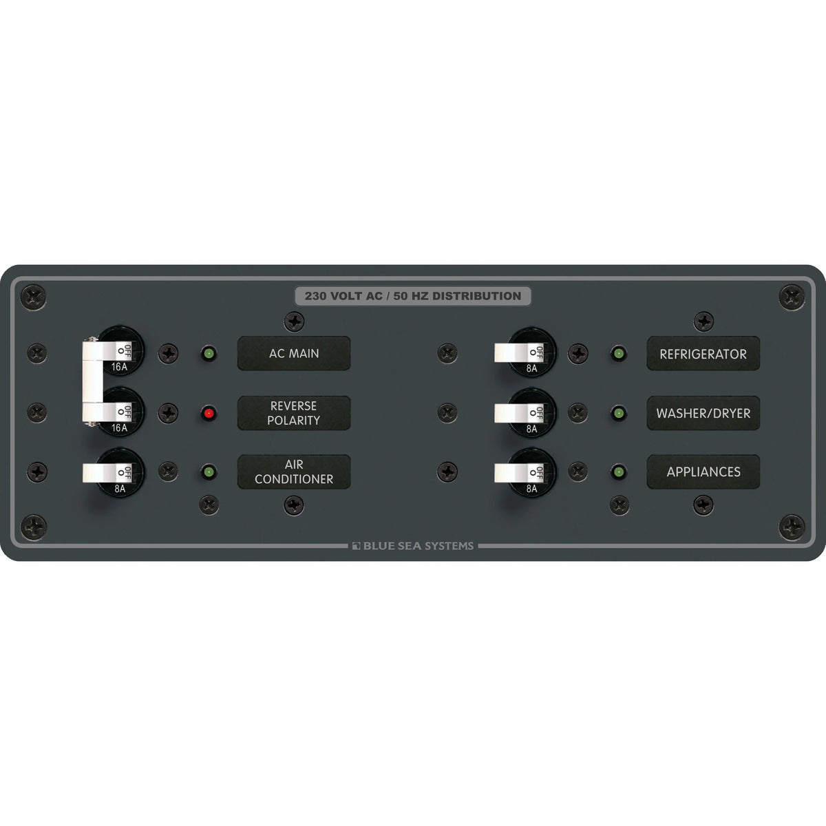 Blue Sea Systems Traditional Metal AC Main + Branch Circuit Breaker Panel, 230V AC, European, No Meter — Quality Boat Parts