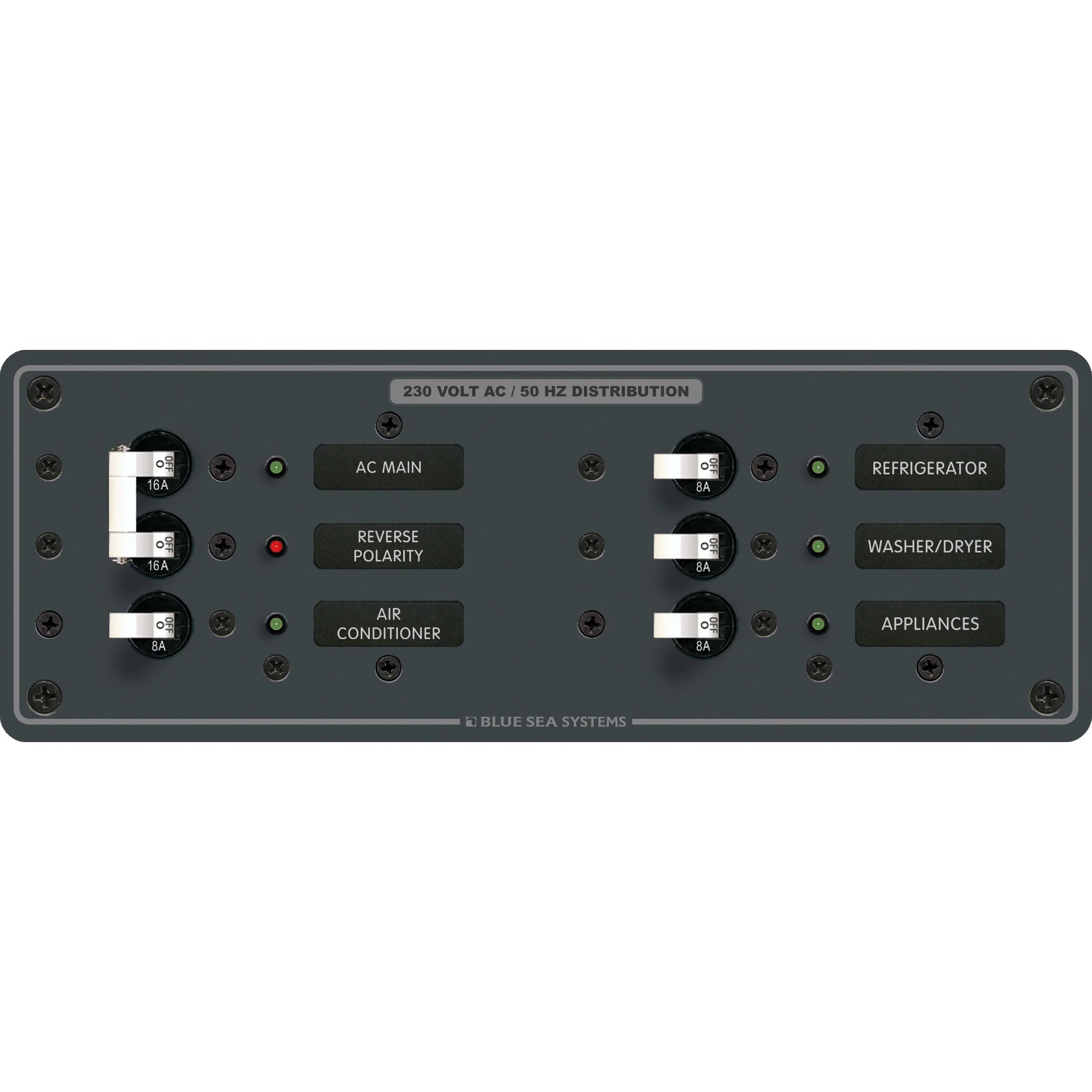 Blue Sea Systems Traditional Metal AC Main + Branch Circuit Breaker Panel, 230V AC, European, No Meter — Quality Boat Parts