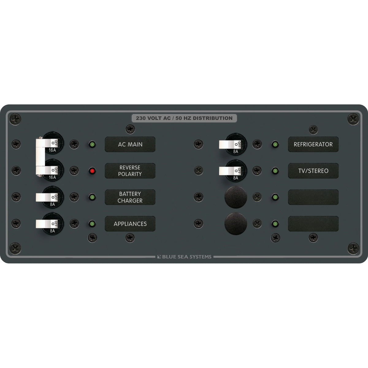 Blue Sea Systems Traditional Metal AC Main + Branch Circuit Breaker Panel, 230V AC, European, No Meter — Quality Boat Parts