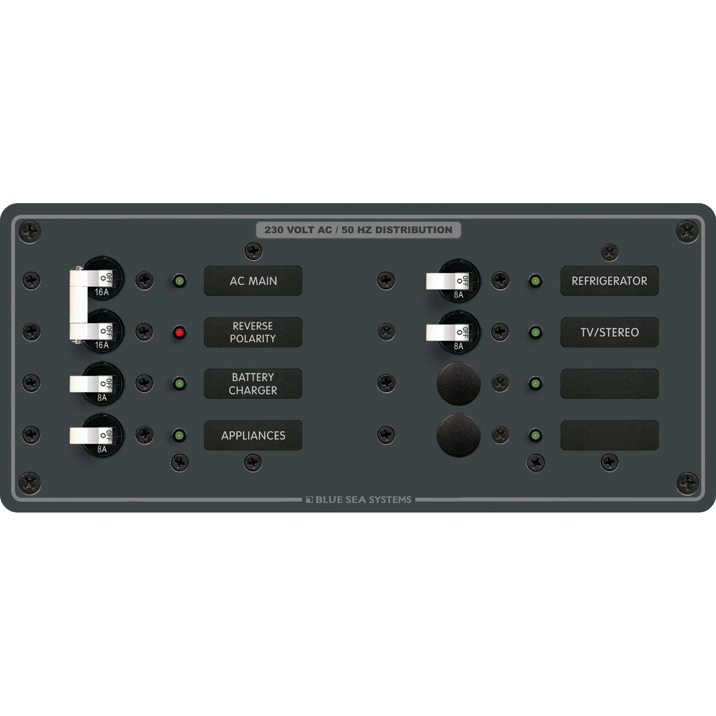 Blue Sea Systems Traditional Metal AC Main + Branch Circuit Breaker Panel, 230V AC, European, No Meter — Quality Boat Parts