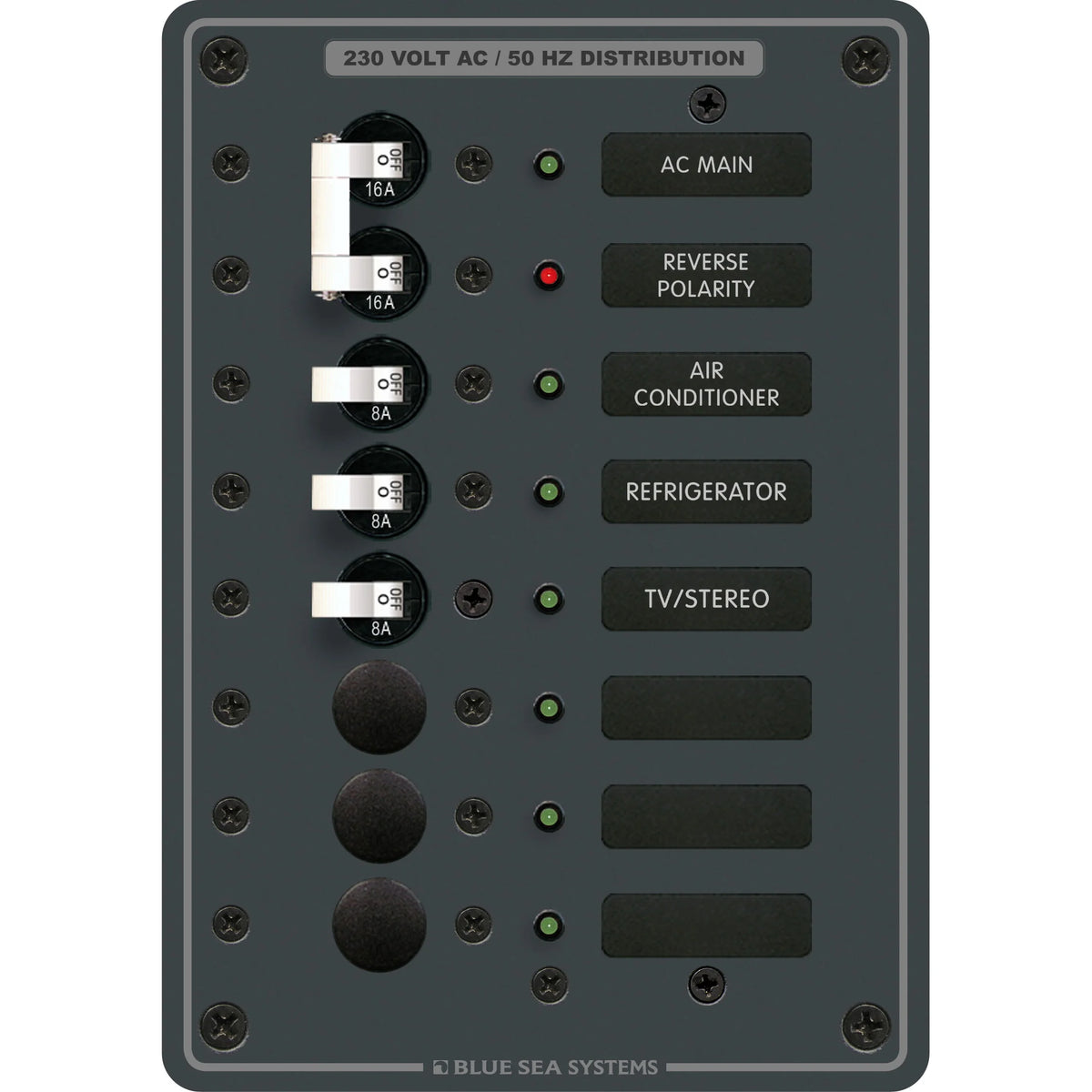 Blue Sea Systems Traditional Metal AC Main + Branch Circuit Breaker Panel, 230V AC, European, No Meter — Quality Boat Parts