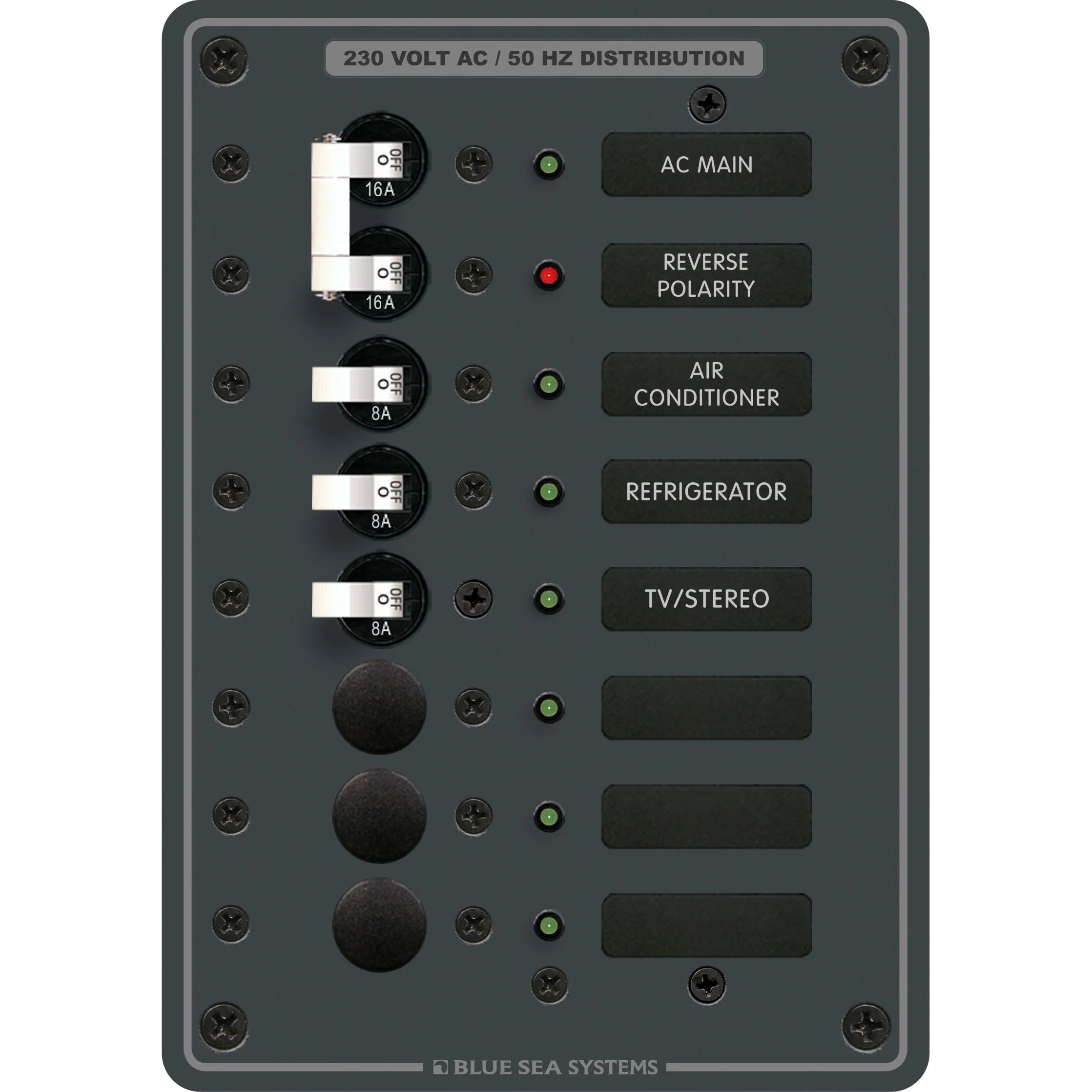 Blue Sea Systems Traditional Metal AC Main + Branch Circuit Breaker Panel, 230V AC, European, No Meter — Quality Boat Parts