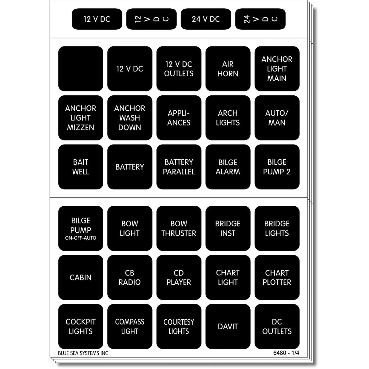 Blue Sea Systems Waterproof DC Label Kit, For WeatherDeck Waterproof Panels, Black Square Labels — Quality Boat Parts
